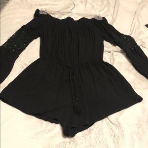 Medium blush black romper ties shorts long sleeve